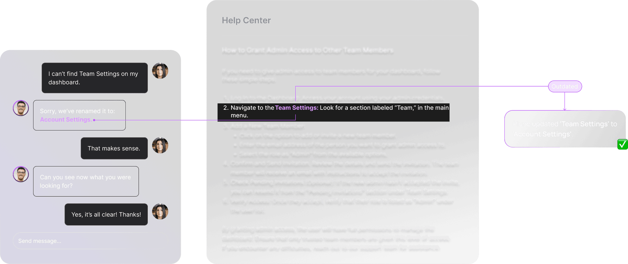 Pluno AI automatically updating the knowledge base in real-time, ensuring accurate customer query responses and flagging outdated or missing information for team review.